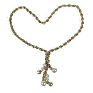 Vintage Goldtone Rope Slide Chain Necklace Faux Pearl Charms Pendant 24 Inch